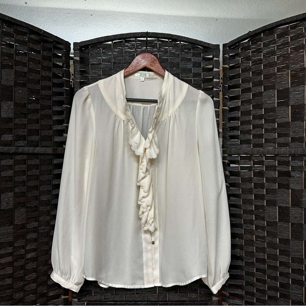 Jade Melody Tam White Polyester Blouse ruffle long sleeved loop button closure S